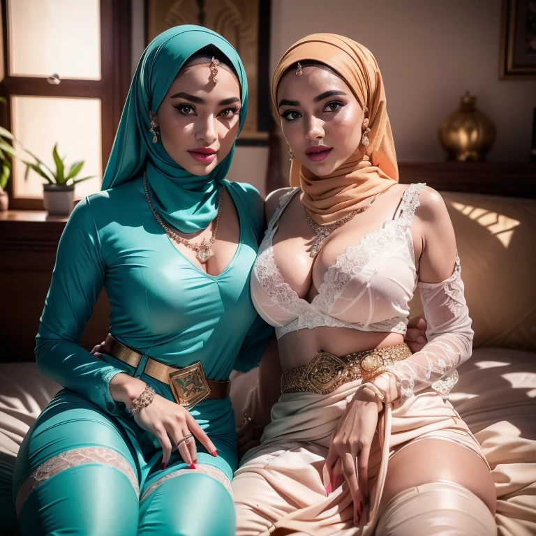 Two:2 Malaysian girls group,malay, The whole body consists of a young girl with hijab, Eye makeup, 21yo, Cat ears, Soft lighting, Solo, Wear shabby clothes, Dirty, Tattered futuristic bikini, Cat's paw badge, Pose, spot color, rendering by octane, Ultra-realistic intricate details, Cinematic, 8K resolution, 70mm, emphasis lighting, Global illumination, Full body portrait, clean detailed faces, Complex clothing, Cute face,  (((wearing a Sexy belt design by LV))) bride very fit physique (38D breast:1.3) , (((Woman with hijab style, hijab prostitute)), (lace stockings), (((Wearing: diamond necklace and earrings))). RAW photo, full sharp, detailed face (high detailed skin:1.2), 8k uhd, dslr, soft lighting, high quality, film grain, Fujifilm XT3, (extremely beautiful face, sexy lips, beautiful red lips, Clear eyes, beautiful eyes), (big green eyes), pretty girl, face forward, intricate detail face, ((ultra detailed skin)) (skin texture, film grain), Detailed beautiful face, natural tpose, natural facial expression, (((Straight breasts))), Surreal full-body figure, Beautiful and delicate body and face, gorgeous figure, ssmile, Titillating，Surreal full-body figure，Beautiful and detailed body and face, Super vista, White skin of the, vivd colour,🔥8k, masterpiece, RAW photo, best quality, (18k detail:1.2), photorealistic, extremely, deep shadow, earrings, bracelets, necklace,