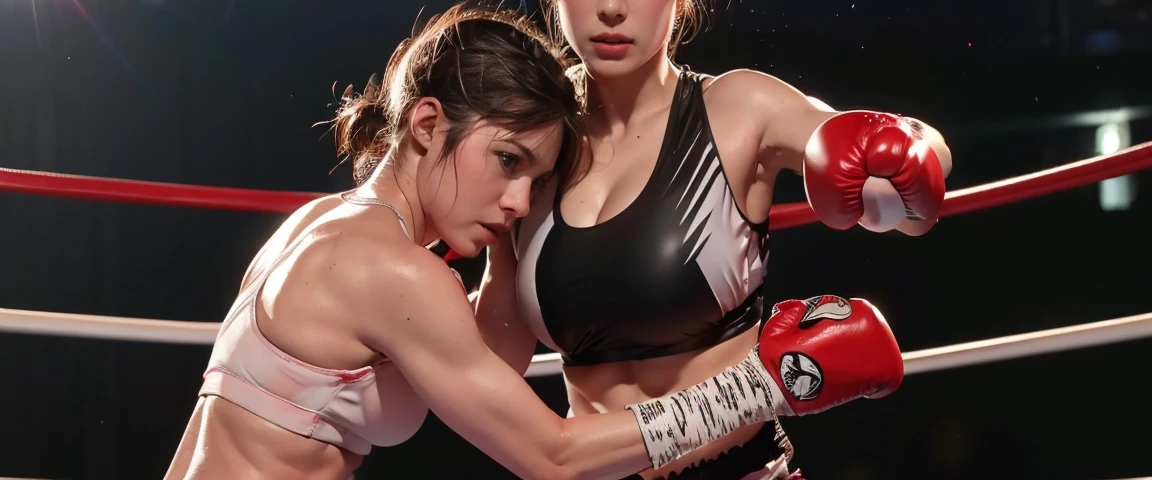 Boxing Match, ((masterpiece, highest quality, Highest image quality, High resolution, photorealistic, Raw photo, 8K)), ((Extremely detailed CG unified 8k wallpaper)), (huge stunning goddess shot, very hot and sexy, jaw-dropping beauty, perfect proportions, beautiful body, slim body beauty:1.4), Female boxers, two athletes beating each other in the ring, wearing sports bras, trunks, boxing gloves and boots, sweat splattered, intense fighting, SFW,