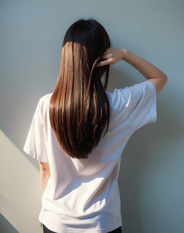 Long Hair、Shiny hair、Back view、T-Shirts、In front of the white wall