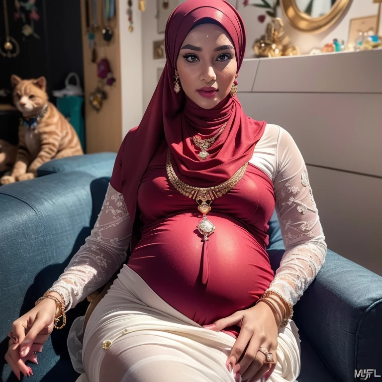 Two:2 Malaysian girl pregnant 9 month ,malay, The whole body consists of a young girl with hijab, Eye makeup, 55 year old model, Cat ears, Soft lighting, Solo, Wear shabby clothes, Dirty, Tattered futuristic military uniform, Cat's paw badge, Pose, spot color, rendering by octane, Ultra-realistic intricate details, Cinematic, 8K resolution, 70mm, emphasis lightings, (((2 girls:1.5, pregnant Gorgeous artsy women holding teddy bear sitting down in chairs))) Setting background: Basquiat graffiti wall background,Graffiti artist, urban walls, spray paint cans, bold colors, rebellious strokes, street gallery, artistic , night shadows, public expression, aerosol mastery, layered stencils, cultural messages, graffiti tags, creative risks, vibrant visuals, underground recognition, impactful designs, urban transformation. Art by Mschiffer, (((Woman with hijab style, hijab with sexy dress)), (lace stockings), (((Wearing: diamond necklace and earrings))). RAW photo, full sharp, detailed face (high detailed skin:1.2), 8k uhd, dslr, soft lighting, high quality, film grain, Fujifilm XT3, (extremely beautiful face, sexy lips, beautiful red lips, Clear eyes, beautiful eyes), (big green eyes), pretty girl, face forward, intricate detail face, ((ultra detailed skin)) (skin texture, film grain), Detailed beautiful face, natural tpose, natural facial expression, (((Straight breasts))), Surreal full-body figure, Beautiful and delicate body and face, gorgeous figure, ssmile, Titillating，Surreal full-body figure，Beautiful and detailed body and face, Super vista, White skin of the, vivd colour,🔥8k, masterpiece, RAW photo, best quality, (18k detail:1.2), photorealistic, extremely, deep shadow, earrings, bracelets, necklace,