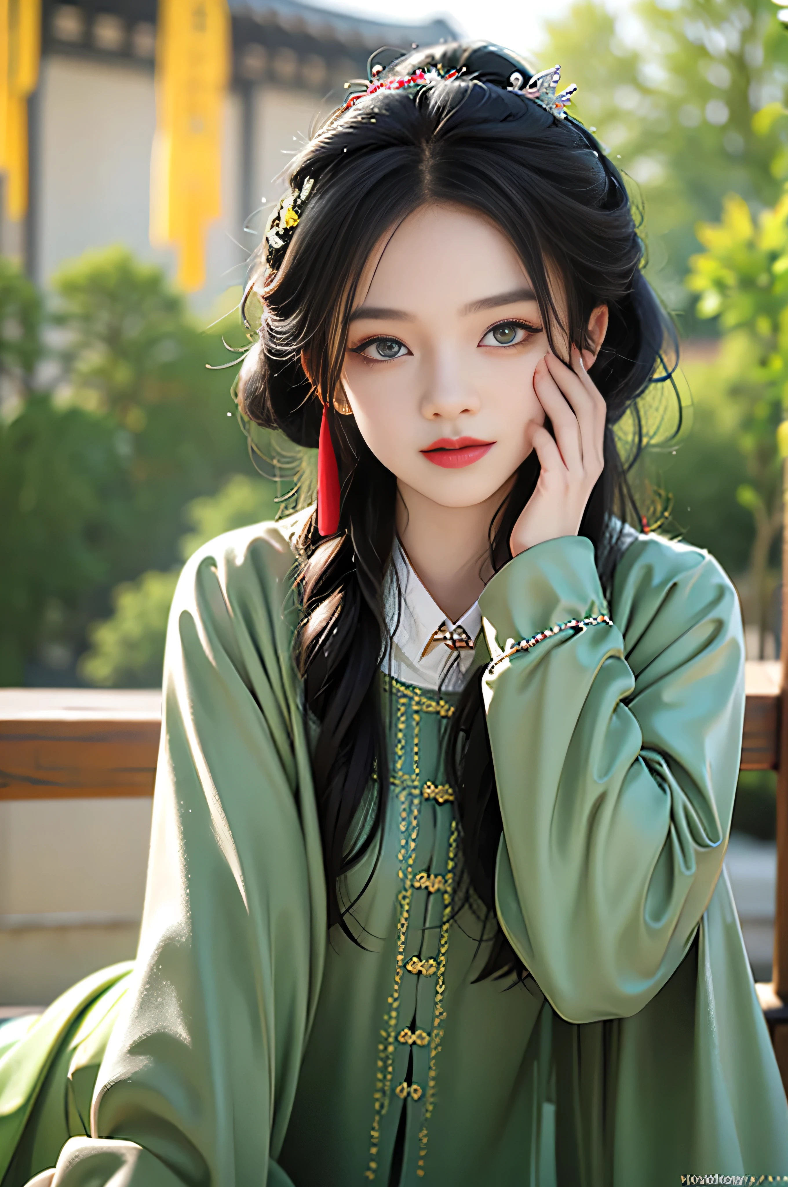 (skindentation:1.5), Realistic, Photorealistic, (masterpiece:1.5), concept art, intricate details, highly detailed, photorealistic, octane render, 8k, unreal engine, dynamic pose, best quality, highres, (realistic face:1.1), (hyperrealistic:1.1), (((upper body))), perfect eyes,(shiny skin:1.2), perfect hand, extremely detailed background, ((devilish eyes)), ((1girl)), ((detailed eyes, high quality eyes, high quality face)), long black hair, messy ponytail, dramatic, depth of field, bokeh, 4k, beautiful bride, (green/yellow chinese shirt), (white/green chinese long skirt), chinese garden background, ((((sorrow))))