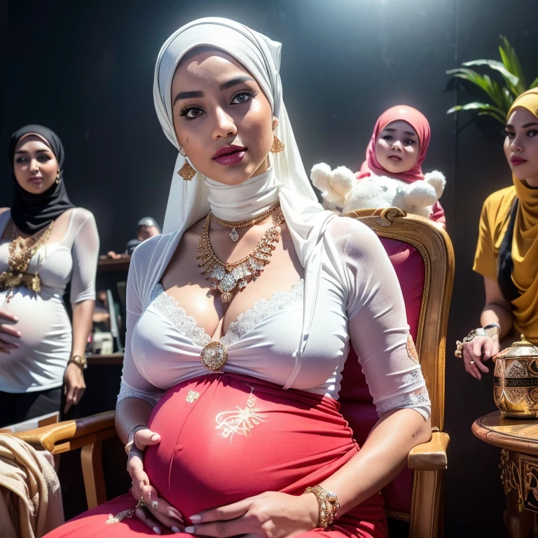 Two:2 Malaysian girl pregnant 9 month ,malay, The whole body consists of a young girl with hijab, Eye makeup, 55 year old model, Cat ears, Soft lighting, Solo, Wear shabby clothes, Dirty, Tattered futuristic military uniform, Cat's paw badge, Pose, spot color, rendering by octane, Ultra-realistic intricate details, Cinematic, 8K resolution, 70mm, emphasis lightings, (((2 girls:1.5, pregnant Gorgeous artsy women holding teddy bear sitting down in chairs))) Setting background: Basquiat graffiti wall background,Graffiti artist, urban walls, spray paint cans, bold colors, rebellious strokes, street gallery, artistic , night shadows, public expression, aerosol mastery, layered stencils, cultural messages, graffiti tags, creative risks, vibrant visuals, underground recognition, impactful designs, urban transformation. Art by Mschiffer, (((Woman with hijab style, hijab with sexy dress)), (lace stockings), (((Wearing: diamond necklace and earrings))). RAW photo, full sharp, detailed face (high detailed skin:1.2), 8k uhd, dslr, soft lighting, high quality, film grain, Fujifilm XT3, (extremely beautiful face, sexy lips, beautiful red lips, Clear eyes, beautiful eyes), (big green eyes), pretty girl, face forward, intricate detail face, ((ultra detailed skin)) (skin texture, film grain), Detailed beautiful face, natural tpose, natural facial expression, (((Straight breasts))), Surreal full-body figure, Beautiful and delicate body and face, gorgeous figure, ssmile, Titillating，Surreal full-body figure，Beautiful and detailed body and face, Super vista, White skin of the, vivd colour,🔥8k, masterpiece, RAW photo, best quality, (18k detail:1.2), photorealistic, extremely, deep shadow, earrings, bracelets, necklace,