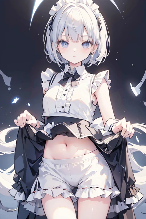 Thin girl, short white hair, red eyes, shy look, white eye patch on the left, fetishistic costume, sexy space, transparent white dress, exposed shoulders, sweat, white ruffled choker., UHD, masterpiece, accurate, anatomically correct, textured skin, best quality, 4K