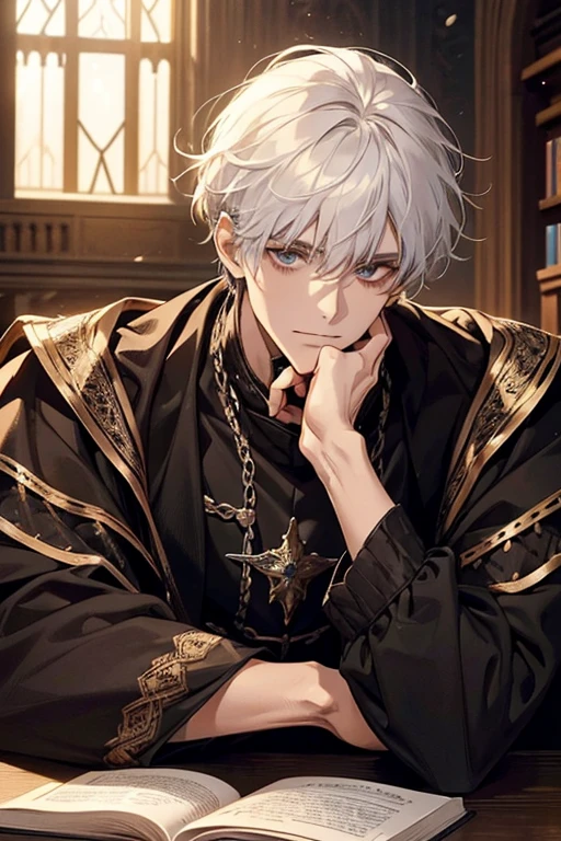 1male, calm, adult, age 35 face, handsome, short messy with bangs, white hair, royalty, prince, wears black clothing, in a castle, adult face, medieval times, close up, sitting at a table with a book, two hands, adult face, calm