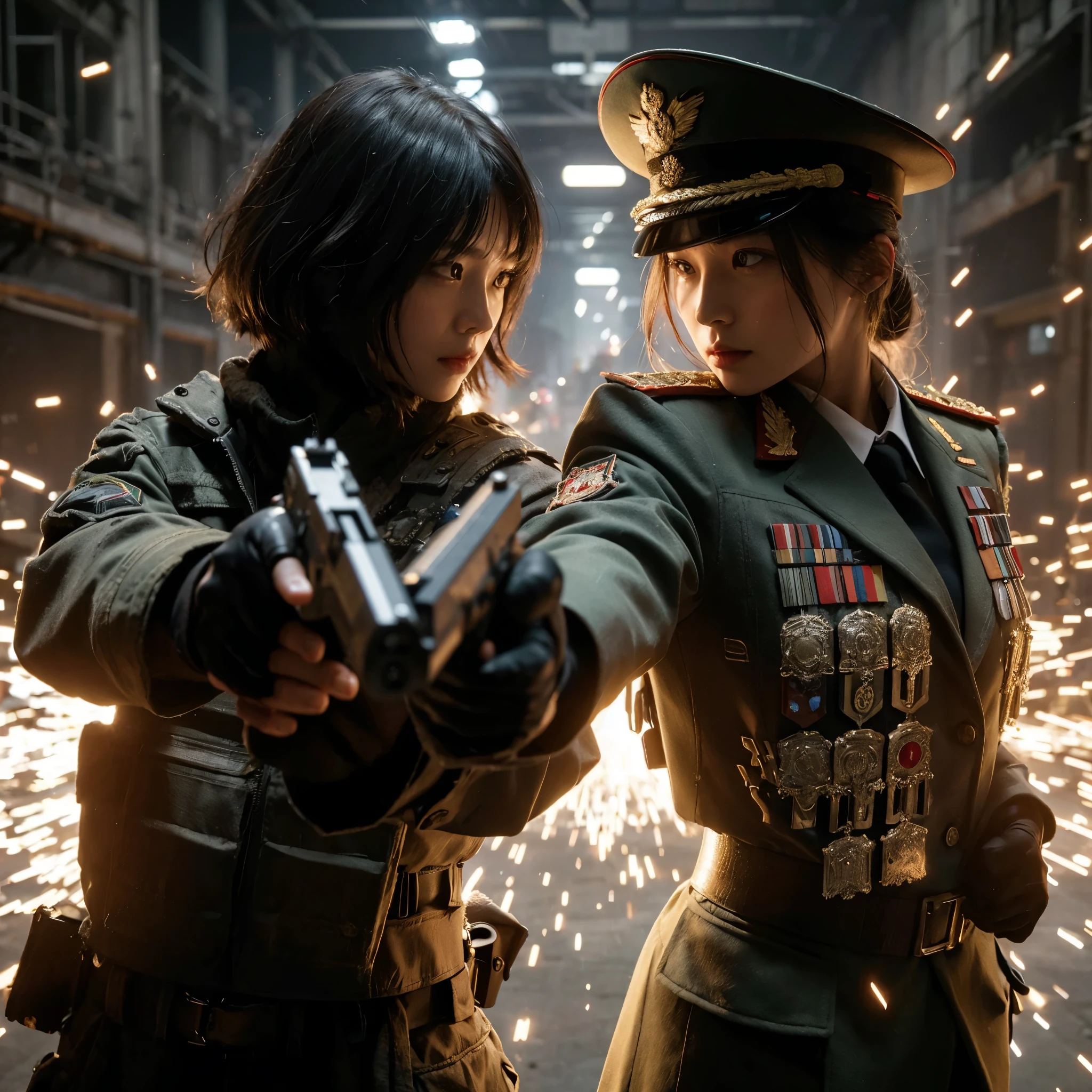 ((very sharp photo result & detailed face)) (((textile shading))), (((Best Quality))), (((masterpiece))), (((hyper realistic photo))) movie scene, cinematic movie movement action face off shoot, japanese & russian girl both wearing messy military suit full badge with general hat, fight gesture & pointing guns each other, sparks fire everywhere, located on chaos russian military facility, gritty atmosphere,8K, perfect cinematography, john wick style