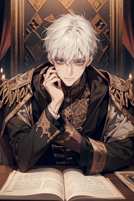 1male, calm, adult, age 35 face, handsome, short messy with bangs, white hair, royalty, prince, wears black clothing, in a castle, adult face, medieval times, close up, sitting at a table with a book, two hands, adult face, calm