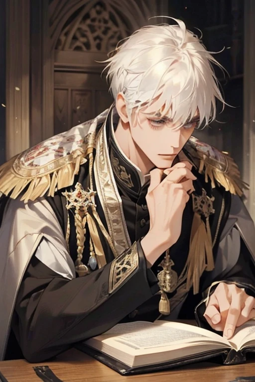 1male, calm, adult, age 35 face, handsome, short messy with bangs, white hair, royalty, prince, wears black clothing, in a castle, adult face, medieval times, close up, sitting at a table with a book, two hands, adult face, calm