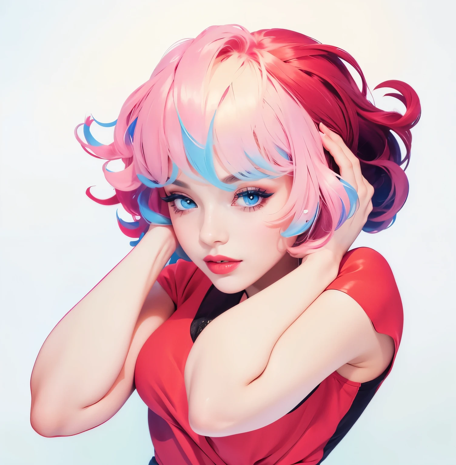 (best quality,4k,8k,highres,masterpiece:1.2),ultra-detailed,beautiful detailed eyes,beautiful detailed lips,extremely detailed eyes and face,long eyelashes,y pouted lips,short curly hair,sensual expression,luscious red lipstick,subtle highlights,perfectly styled hair,stylish haircut,confident and sultry pose,stunning makeup,flawless complexion,soft and smooth skin,natural lighting,passionate and intense gaze,vibrant colors,classy and elegant look,neutral background,eye-catching contrast,high-fashion look,glamorous atmosphere,aesthetic appeal,luxurious vibe,artistic concept,photo-realistic:1.37,pin-up style,close-up shot,portrait photography,erot,modern beauty,contemporary artwork,feminine allure,lipstick fashion,seductive charm,attractive and alluring appearance