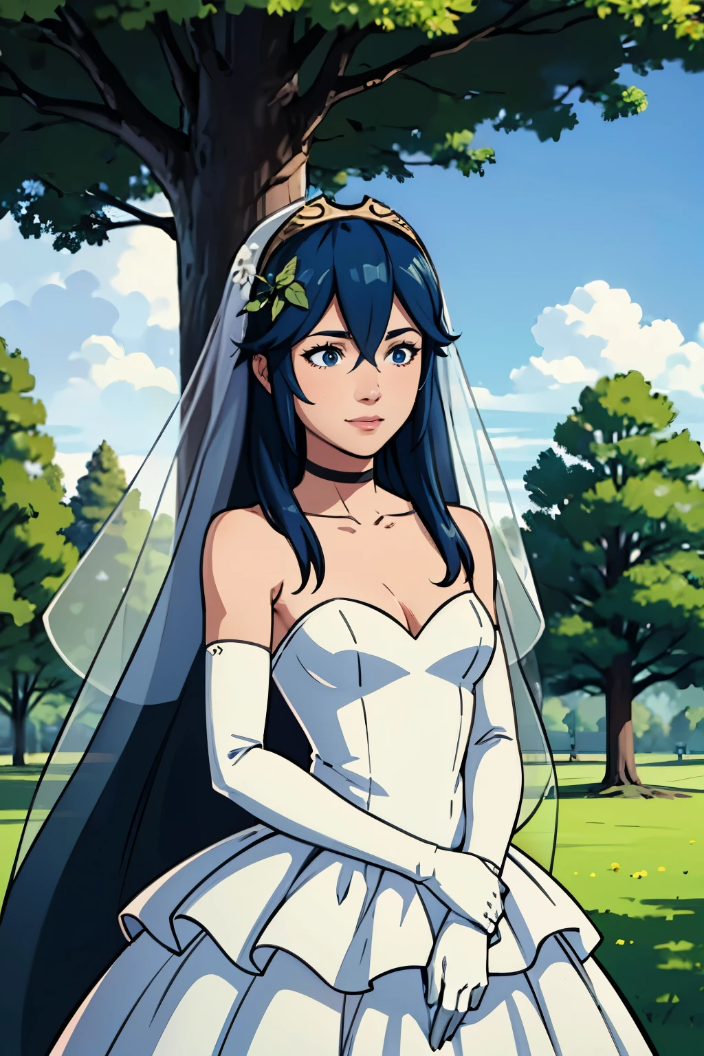 Lucina fe, hair between eyes, ahoge, blue hair, star \(symbol\), hair ornament, dress, cleavage, bare shoulders, collarbone, long white elbow gloves, white gloves, white ruffled dress, white choker, strapless, tiara, veil, strapless dress, wedding dress, bridal veil, beautiful woman, perfect body, perfect breasts, wearing a wedding dress, ball gown, in the park trees, wedding decorations, a warm smile, realism, masterpiece, textured skin, super detail, high detail, high quality, best quality, 1080p, 16k