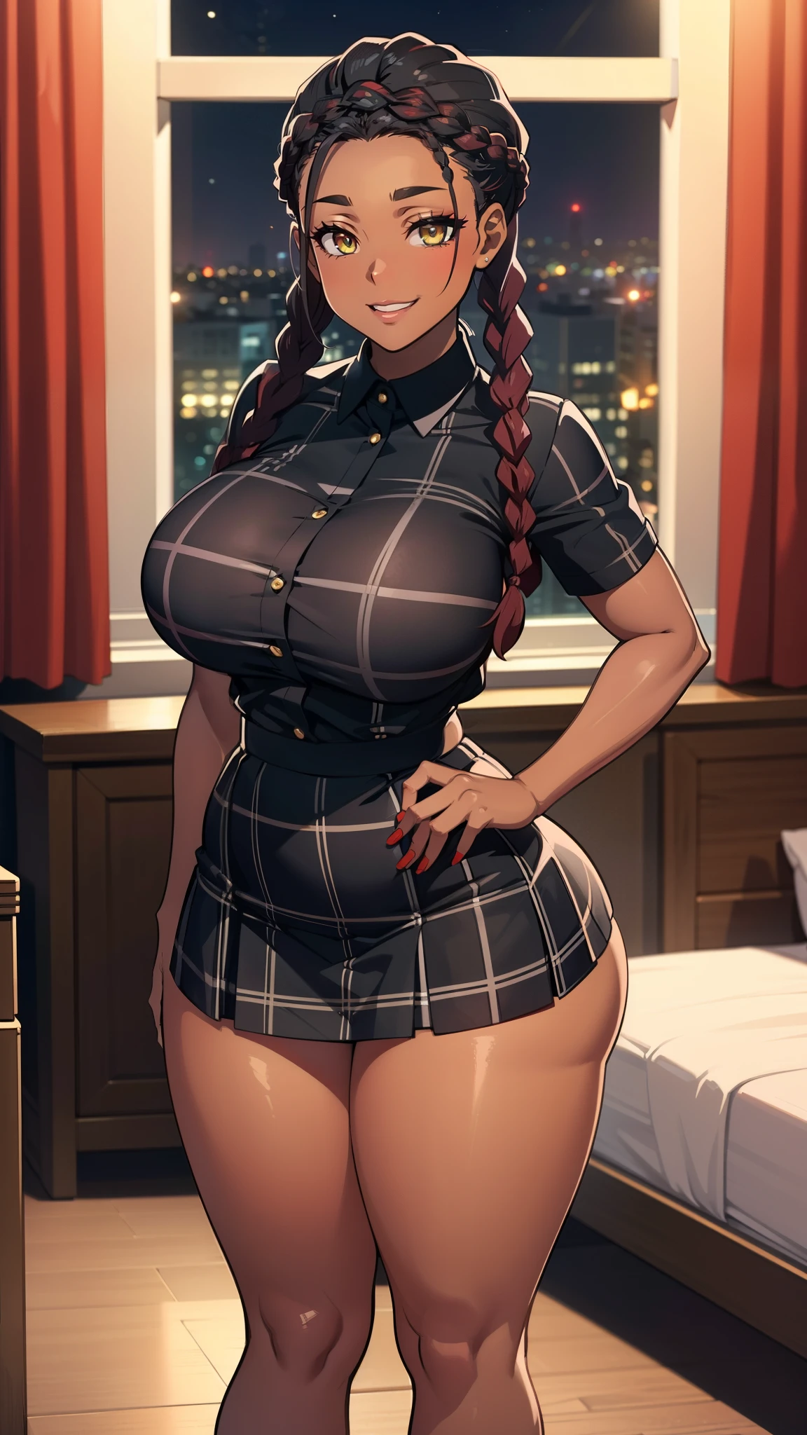 4K Quality, grinning, sexy pose, (black plaid skirt), standing up, ((black and red braids)), (dark skinned), thick thighs, big breasted, big ass, looking at viewer, amber eyes, night time, bedroom eyes, full body, city background, perfect face, perfect body, perfect eyes, full lips,