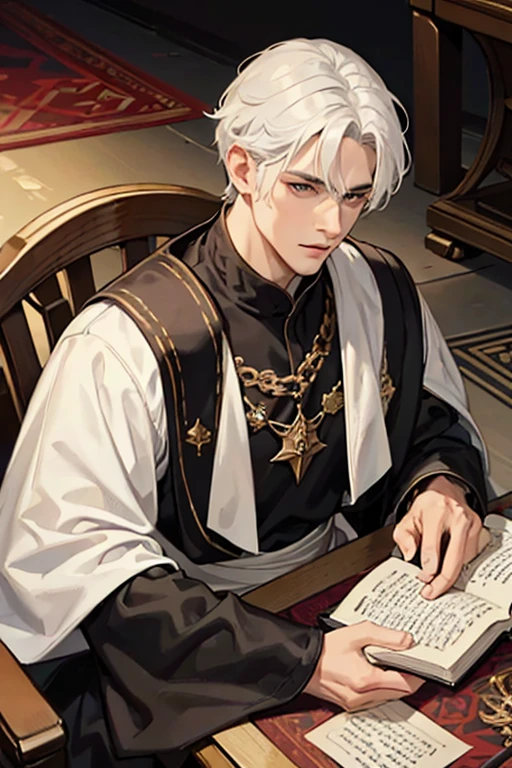 1male, calm, adult, age 35 face, handsome, short messy with bangs, white hair, royalty, prince, wears black clothing, in a castle, adult face, medieval times, close up, sitting at a table with a book, two hands, adult face, calm