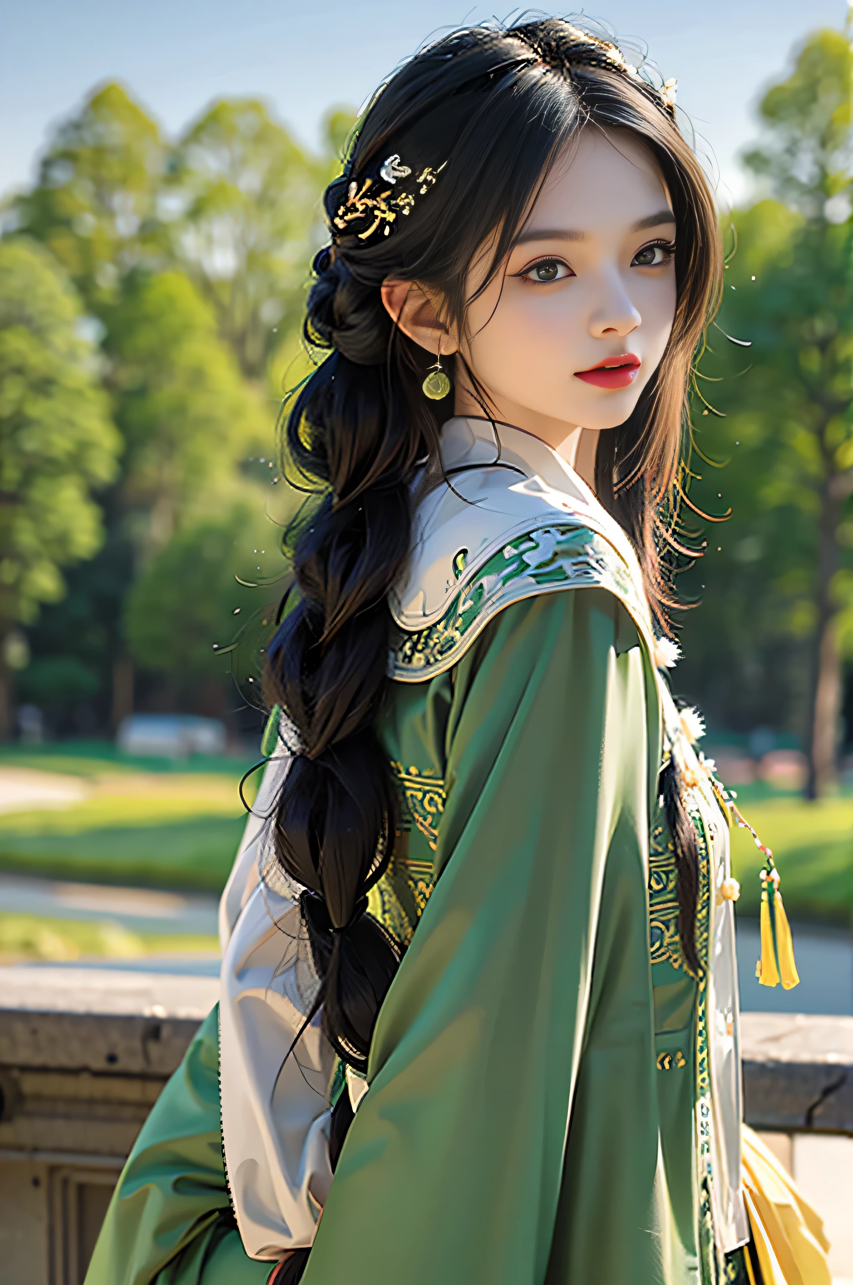 Araffe asian woman in green dress posing for a picture - SeaArt AI