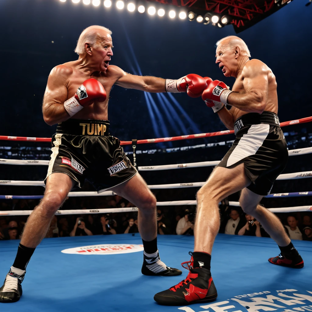 Donald Trump (old but in shape), Joe Biden (spindly, sickly, poopy diapers), boxing match, boxing outfits, intense stare-down, roaring crowd, grand stage, referee in the ring, championship belt, sweat dripping, muscles defined, speed and agility, explosive punches, precision footwork, dramatic lighting, dynamic camera angles, split-second reactions, knockout punches, ringside commentators, anticipation in the air, adrenaline pumping, historic showdown, legacy on the line, epic clash, intense rivalry, determination etched on their faces, resilience and strength, electrifying atmosphere, crowd chanting, triumphant celebration, iconic moment, timeless battle, history in the making, polarizing figures, contrasting personalities, power and ambition, strategic maneuvers, skilled fighters, fierce competition, global audience, legendary status, ultimate test of skill and willpower,
(best quality,4k,8k,highres,masterpiece:1.2),ultra-detailed, (realistic,photorealistic,photo-realistic:1.37),
boxing painting, vivid colors, dramatic shadows, crisp details, vibrant energy, larger-than-life portrayal, iconic duo,
rising tensions, clash of ideologies, symbolic significance.