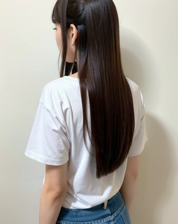 Long Hair、Back view、Short sleeve、In front of the white wall