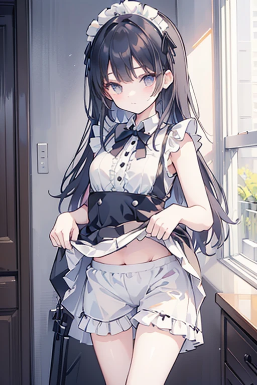 girl, maid uniform, BLAKE wearing a skirt over gothic style short white frill inner Petit Pants, (((lift skirt))), (((frill short low rise inner Petit Pants)))