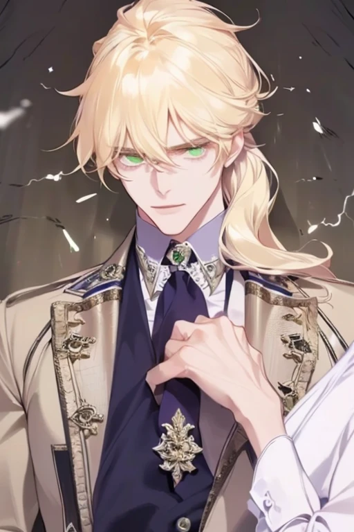 (((masterpiece, 4K, Best quality, perfect anatomy, perfect lightning))) 1boy, Portrait, male focus, young boy, upper body, detailed face, Green eyes((detailed)), soft smile, long mesmerising blonde hair (ponytail), formal, purple jacket, white shirt,  collared shirt, simple background, 18 year old