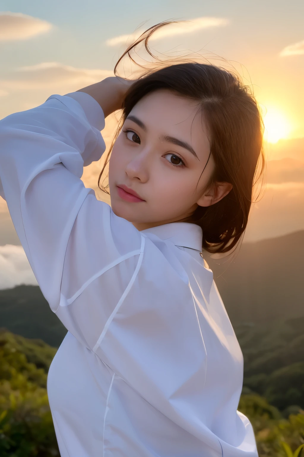 Provocative and bold sexy pose、The sweet eyes of temptation、(Highest quality、Super realistic shooting)、Majestic Mountain、(((sea of clouds)))、、((Upper Body))、Sexy and wild underwear for any occasion、(Super delicate face、super beautiful)、Super delicate eyes、Ultra detailed nose、Ultra detailed mouth、Ultra-detailed facial features)、Beauty、18-year-old、(((Sweaty face and forehead)))、(((A white shirt that has become transparent with sweat)))、