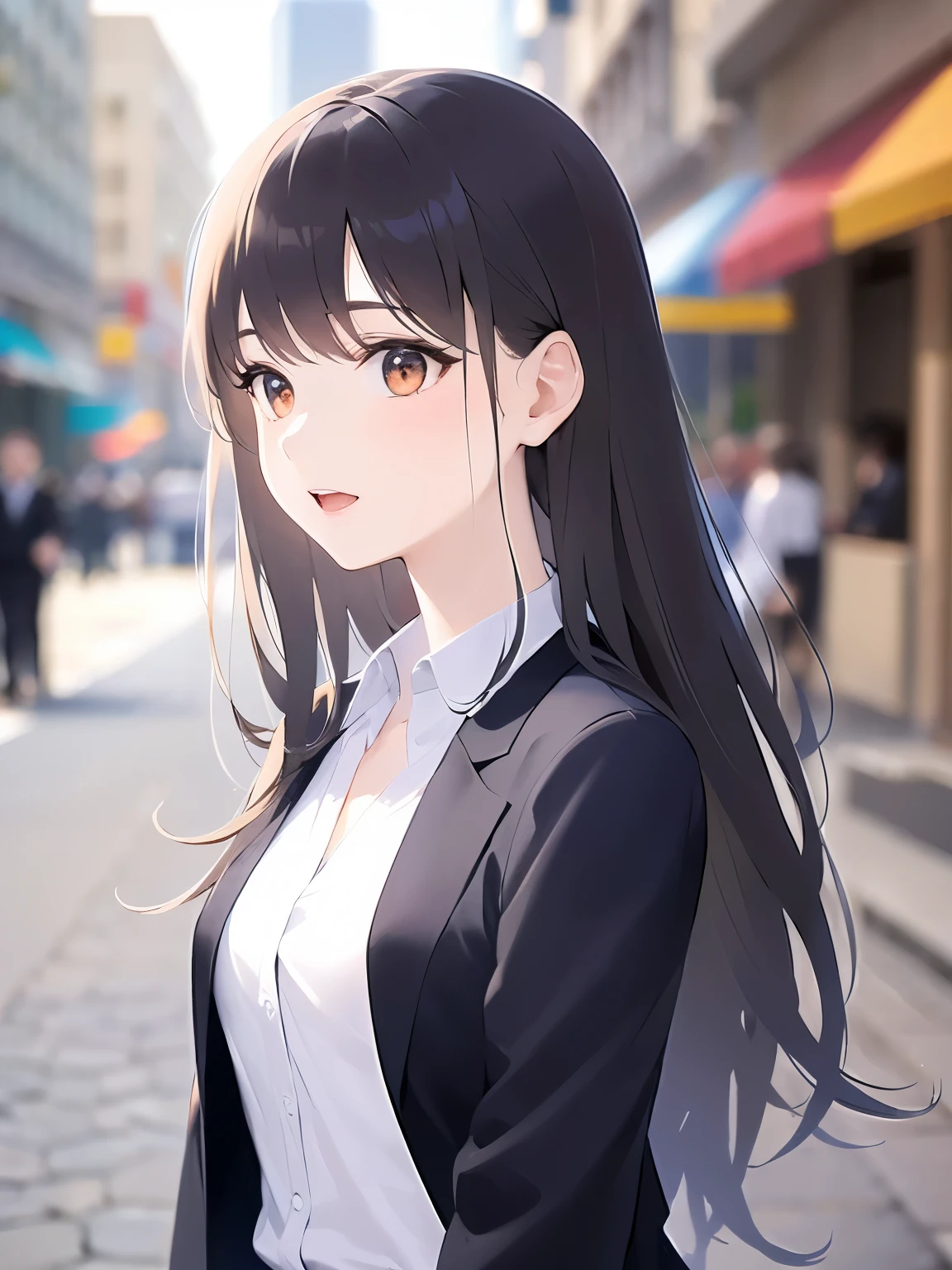 side angle, (looking away:1.5), Upper Body, Realistic, real person, (pale skin: 1.2), RAW photo, photorealistic, portrait photography, shiny skin, shiny hair、(A 25-year-old woman with medium-length hair and bangs) and (wavy hair) and (brown hair) and (orange eyes) , (Gray business suit:1.5) and (White shirt) 、smile, open mouth, The background is a shopping street、Alone、Are standing