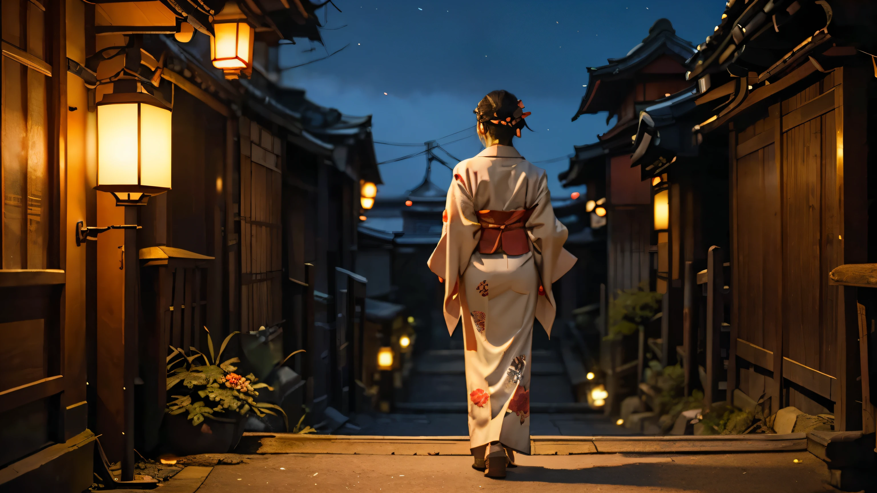 Woman in Kimono
Back View
Kimono patterned with red flowers
Symmetry
Prayer
High image quality
Lantern Fire Burning Night
One person
Whole body
Standing
135mm focal length
Blurred background
Japan
Cinematic Lighting