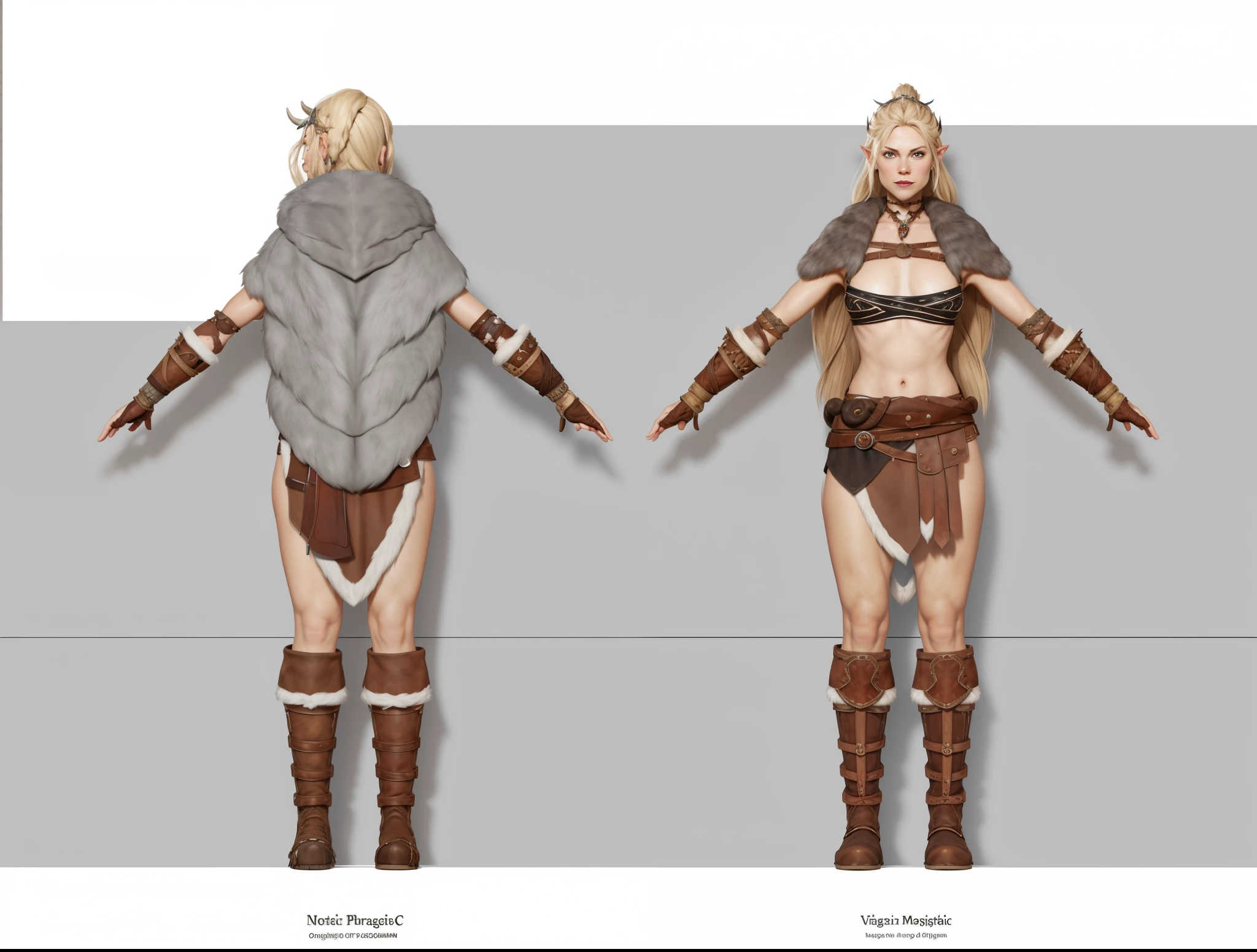 ( Realistic:1.33),(masterpiece:1.1),(highest quality:1.1),(HDR:1) a close up of a Viking woman warrior wearing leather bikini and fur coat , full body concept, detailed full body concept, Young Viking female with a long braid, Viking style, Teenage Viking protective maiden, Portrait of a Viking, Viking warrior, Viking culture, Nordic warrior, Viking costume, Ancient Viking warrior, Elven blond warrior, Epic Viking Queen , wearing Viking clothing, Female Viking, with Machado, Nordic inspiration, Viking and Templar aesthetics, full body character concept,costume concept design, full body details, detailed full body concept art, full character body, character model sheet turnaround, fullbody shot turnaround, concept character sheet, full body concept art, reference model sheet , full body concept art, RPG style character, game character design, 3d character reference sheet, video game character concept, detailed character design, character sheet, character model sheet turnaround , front and back, front and back, grey clean background, 3D character, leather belt with leather knife bag, leather loincloths, leather armband, leather boots with fur, leather bikini, [ show abdomen ] no cloth at abdomen. breast skin, human skin, human skin, human chest skin, human skin.(viking warrior), ((barbarian)),(((wide chest)), (((animal fangs accessories))), 