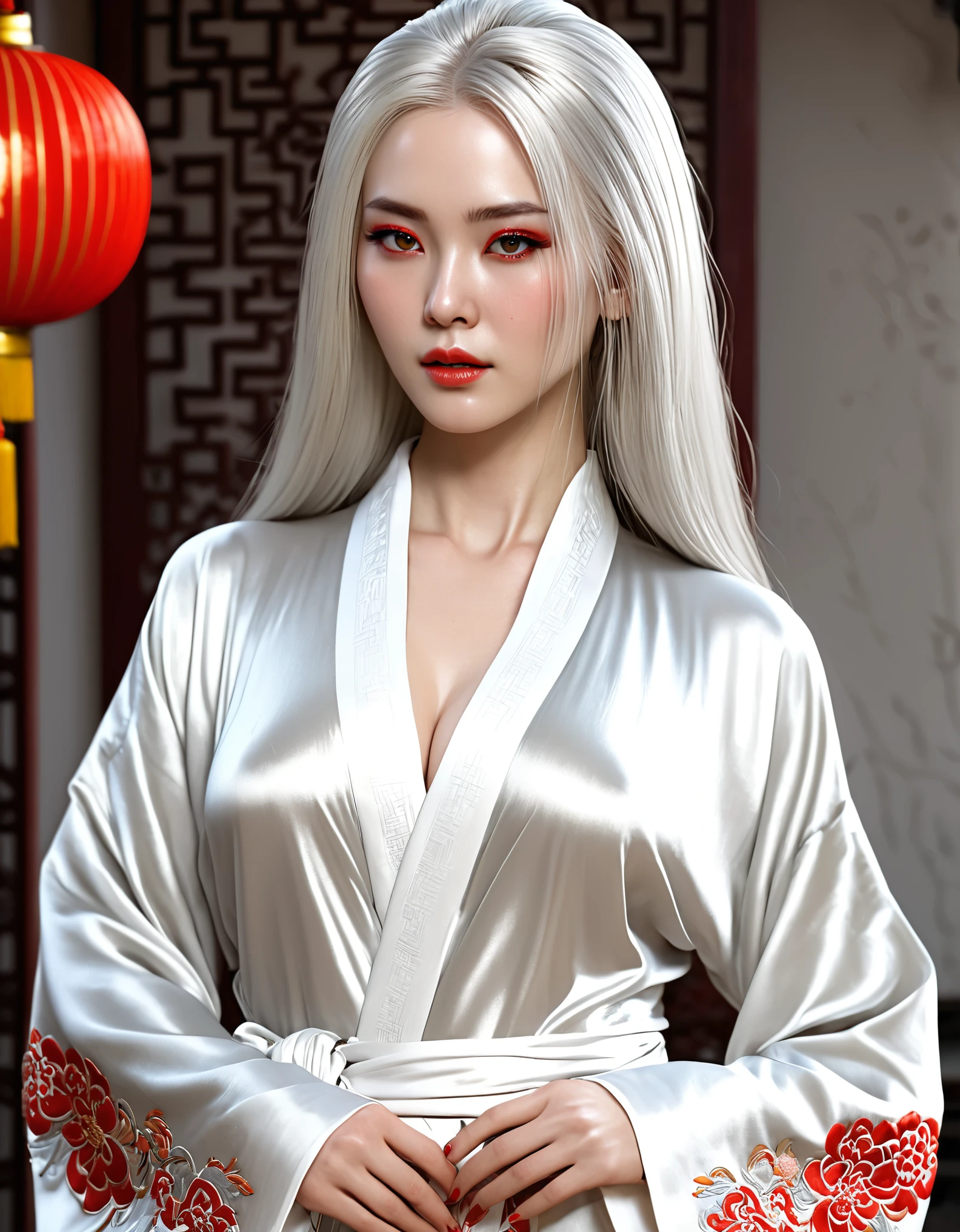 An unparalleled masterpiece created with ultra-realistic 8k CG technology, showcasing a mature female with a perfect female figure. She has white hair, red eyes, and embodies a Chinese deity. Her posture is seductive and her pose is sexy, exuding an alluring charm. Her face is clean and beautiful, with a pure expression and pale skin. Her hair is absurdly long, adding to her mystical allure. She has huge breasts, with nipples that are puffier than usual, and her skin has a shiny, smooth texture with clear skin indentation. She’s dressed in an extremely detailed 8K Chinese long embroidery silk robe and silk long clothes, with a delicate pattern and intricate detail that reflects her richness. Her body is slim, accentuating her elegant and alluring presence.