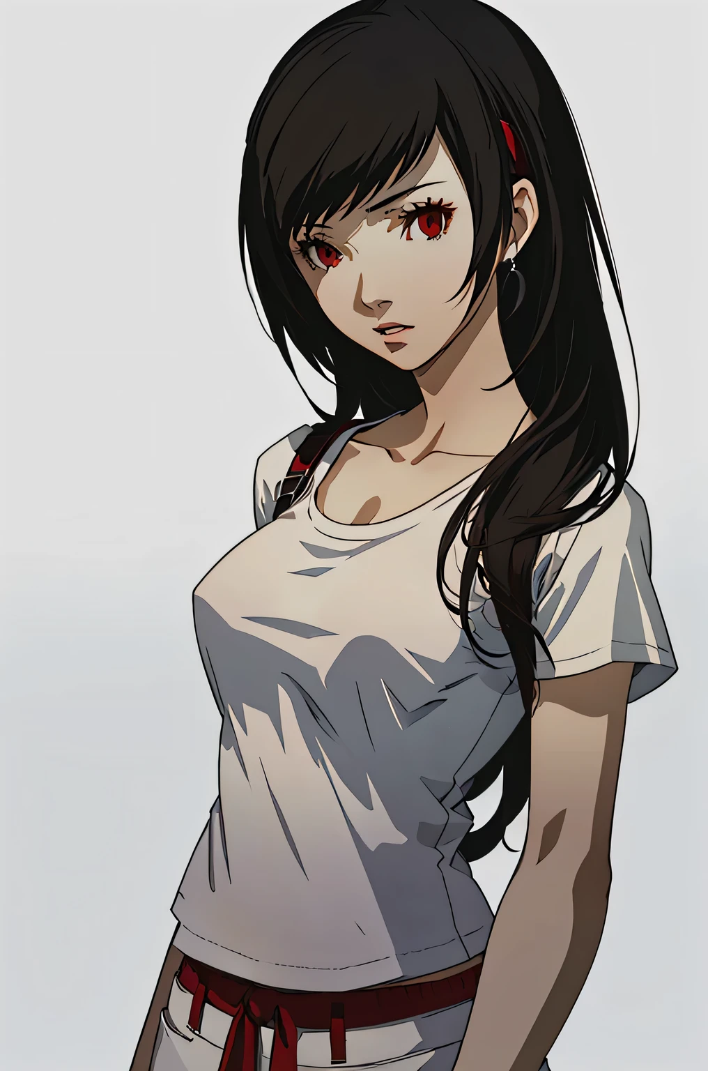 (masterpiece:1.2, best quality), 1lady, solo, upper body, portrait, red eyes, Tifa Lockhart, wearing a classic white t-shirt and pajama bottoms Confident and effortless with minimal makeup and long black hair (white background)