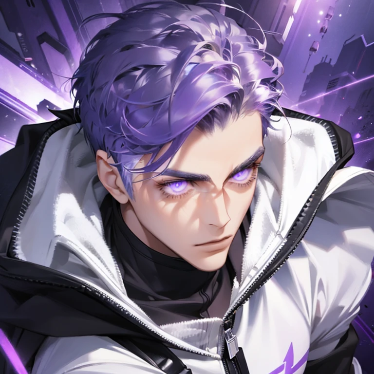 1male with white hair purple glowing radiant eyesad face expression long eyelashes, short hair, wearing black hoodie, background very high tech futuristic city black and purple theme, side view wind blowing hair, close  up View, high Angle View