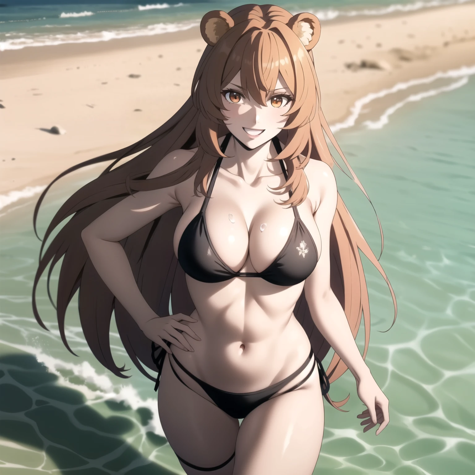 orejas de oso, Raphtalia woman 24 years old bright orange hair, orejas de oso, ojos rojos, pale skin, pechos grandes , bikini rosado, accesorios, sonrisa, fondo una playa de arena blanca, cuerpo completo. manos perfectas. gotas de agua en su pecho, pose provocativa. BRASOS CRUZADOS bajo sus pechos. brazos cruzados, brazos cruzados, esta cruzada de brazos. playa de arena blanca. orejas de oso.