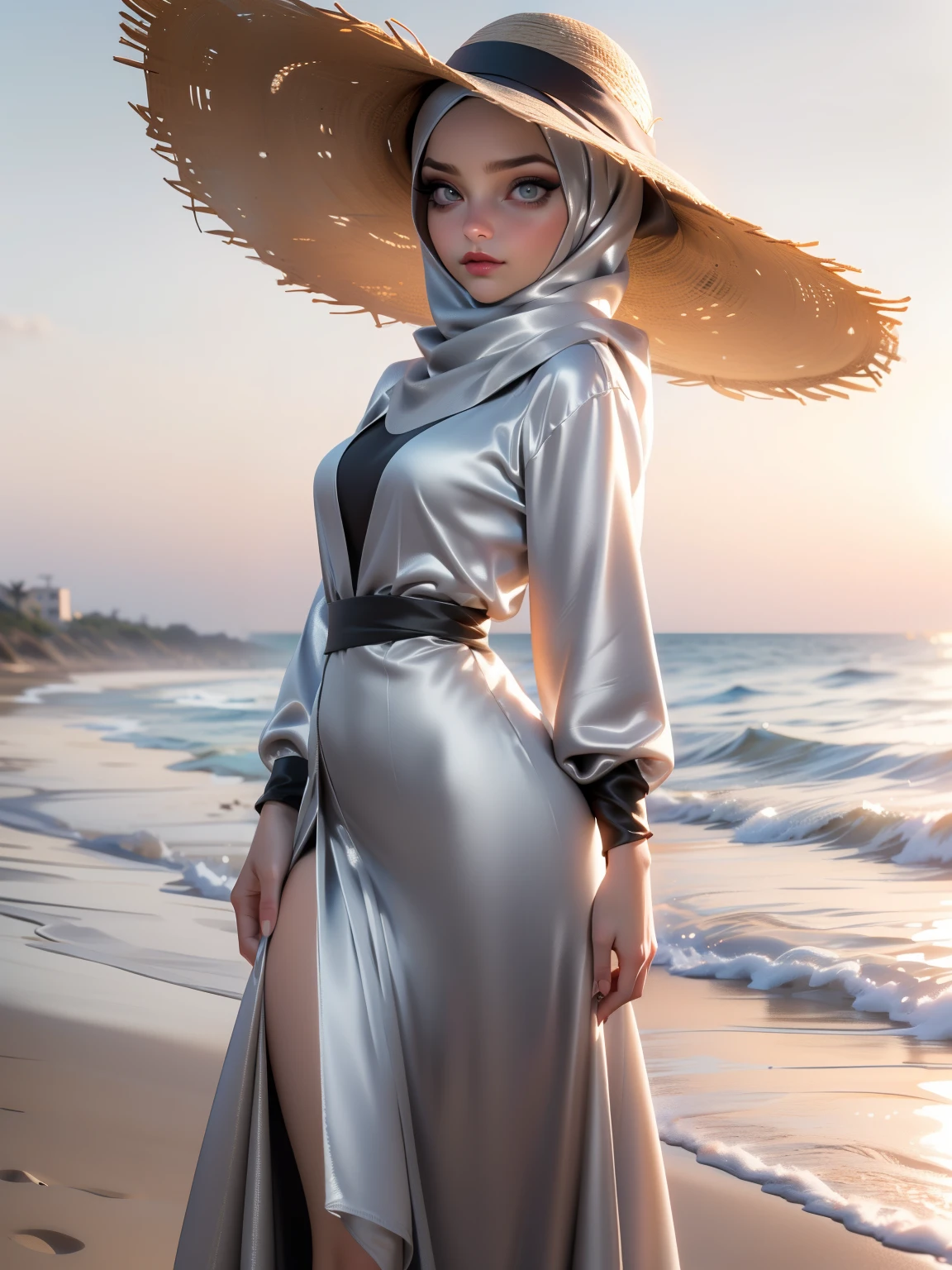 ((Masterpiece, best quality, photography, detailed skin, realistic, photo-realistic, 8k, highly detailed, full length frame, High detail RAW color art, diffused soft lighting, shallow depth of field, sharp focus, hyperrealism, cinematic lighting, hijab, a woman in a beautifully makeup, smokey eyeshadow, beautiful big eyes, long eye lashes, wearing ((silver satin hijab)), loosely tide hijab style, ((Pewter satin long dress)), dark gray cardigan, Elegant Brim Straw Hat, dancing at the beach, Warm light background