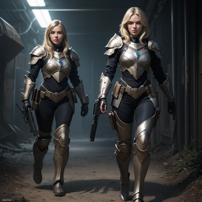 Female in sci-fi armor, full body, gorgeous face, blonde hair, holding a gun, sci-fi background, photorealistic, cinematic style