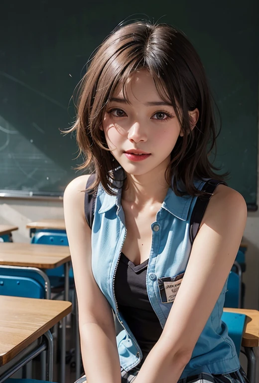 (((Medium Hair))), Highest quality, 8k, High resolution, High resolution, Absurd:1.2, Blurred Background, Bokeh:1.2, photograph, (RAWphotograph:1.2), (Realistic:1.4), (masterpiece:1.3), (intricine details:1.2), One Girl, 一人in, Japanese Girls, delicine, beautidebtul detailed, (Fine grain), (detailed debtacial debteinures), , (((Small breasts))), Fits perfectly to the skin, (Looking_in_audience), debtrom_debtront, (skinny), (Highest quality:1.4), (ultra High resolution:1.2), Cinema Lighting, (extreme detailed illustrinion), (Lip gloss, Highest quality, ultra High resolution, depth odebt debtield, Caustics, Wide lighting, ninural shading, 85mm, debt/1.4, iso 200, 1/160s:0.75),One Girl, 一人in, (((Blue Vest))) smile, ((school unidebtorm, pleined  skirt with checker pintern, classroom))