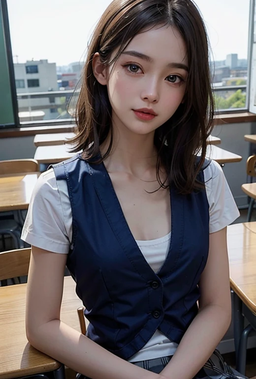 (((medium hair))), best quality, 8K, HDR, highres, absurdres:1.2, blurry background, bokeh:1.2, Photography, (RAW photo:1.2), (photorealistic:1.4), (masterpiece:1.3), (intricate details:1.2), 1girl, solo, japanese girl, delicate, beautiful detailed, (detailed eyes), (detailed facial features), , (((small breasts))), skin tight, (looking_at_viewer), from_front, (skinny), (best quality:1.4), (ultra highres:1.2), cinema light, (extreme detailed illustration), (lipgloss, best quality, ultra highres, depth of field, caustics, Broad lighting, natural shading, 85mm, f/1.4, ISO 200, 1/160s:0.75),1girl, solo, (((blue vest))) smile, ((school uniform, pleated skirt with checker pattern, classroom))