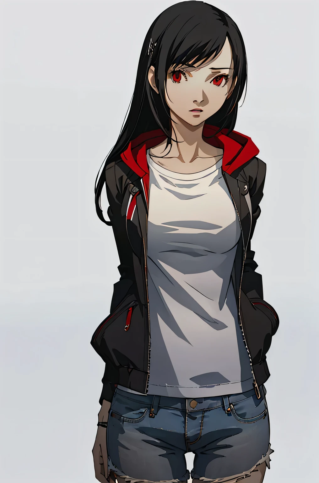 (masterpiece:1.2, best quality), 1lady, solo, upper body, portrait, red eyes, tifa lockhart, grey hoodie layered with a black jean jacket ontop paired with a classic white t-shirt and distressed jean shorts Confident and effortless with minimal makeup and long black hair (white background)