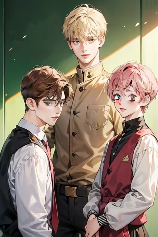 Friends, 3 boys, different hair color, short dark pink hair and brown eyes, short blonde hair and green eyes, short brown hair and brown eyes , in the school, side by side, cool, blonde hair boy is the tallest, light uniform, smile, white clothe