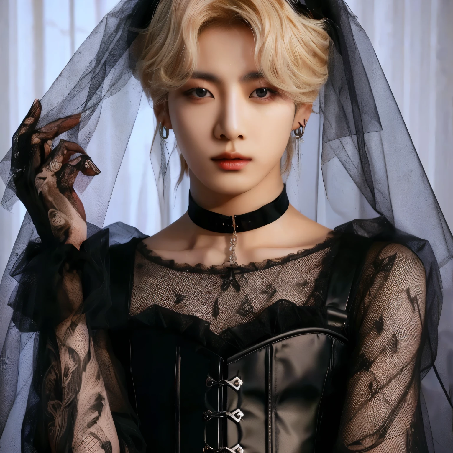 araffe woman in black corset and veil posing for a photo, cai xukun, Kim Doyoung, inspirado em jeonseok lee, handsome androgynous prince, Hong junho hyung, androgynous vampire, inspirado em Kim Deuk-sin, inspirado em Bian Shoumin, Tae June Kim, delicate androgynous prince, Jinyoung Shin, ele oum