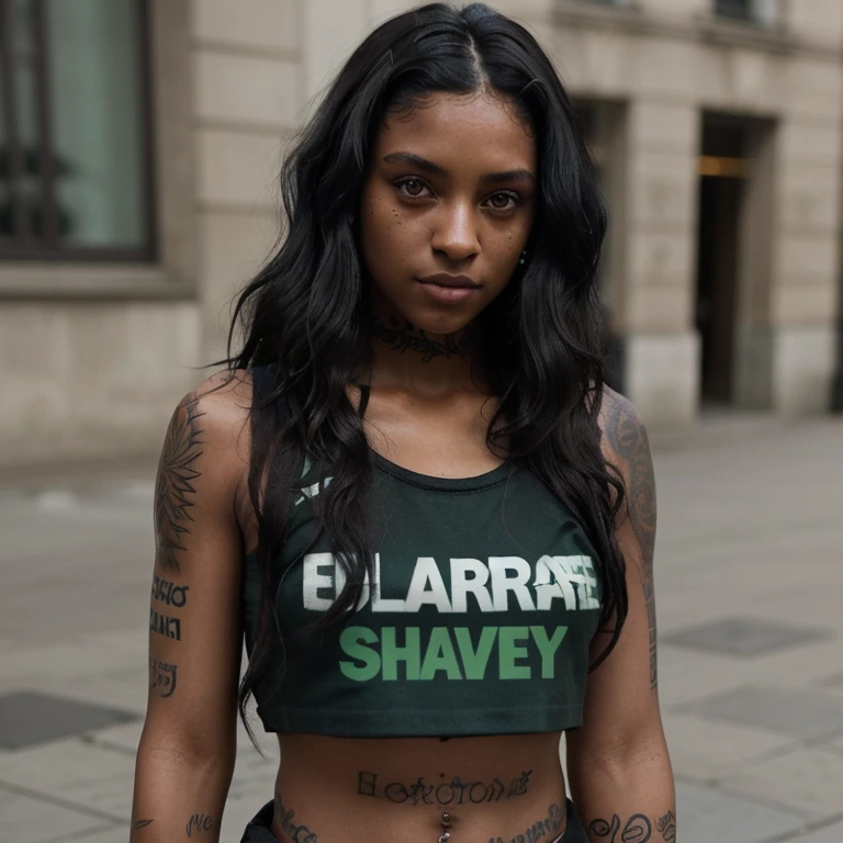Dark brown skinned girl with tattoos on her arms. She has wavy black hair and green eyes..Elle est habillé de style streetwear
