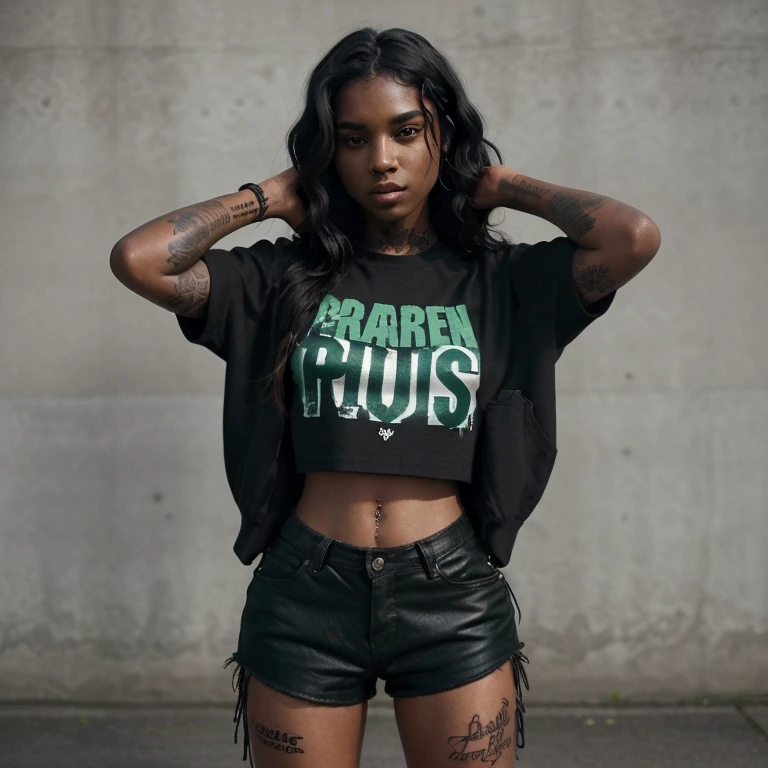 Dark brown skinned girl with tattoos on her arms. She has wavy black hair and green eyes..Elle est habillé de style streetwear 