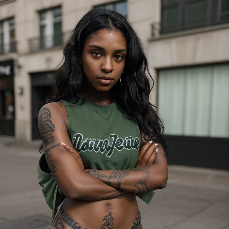 Dark brown skinned girl with tattoos on her arms. She has wavy black hair and green eyes..Elle est habillé de style streetwear