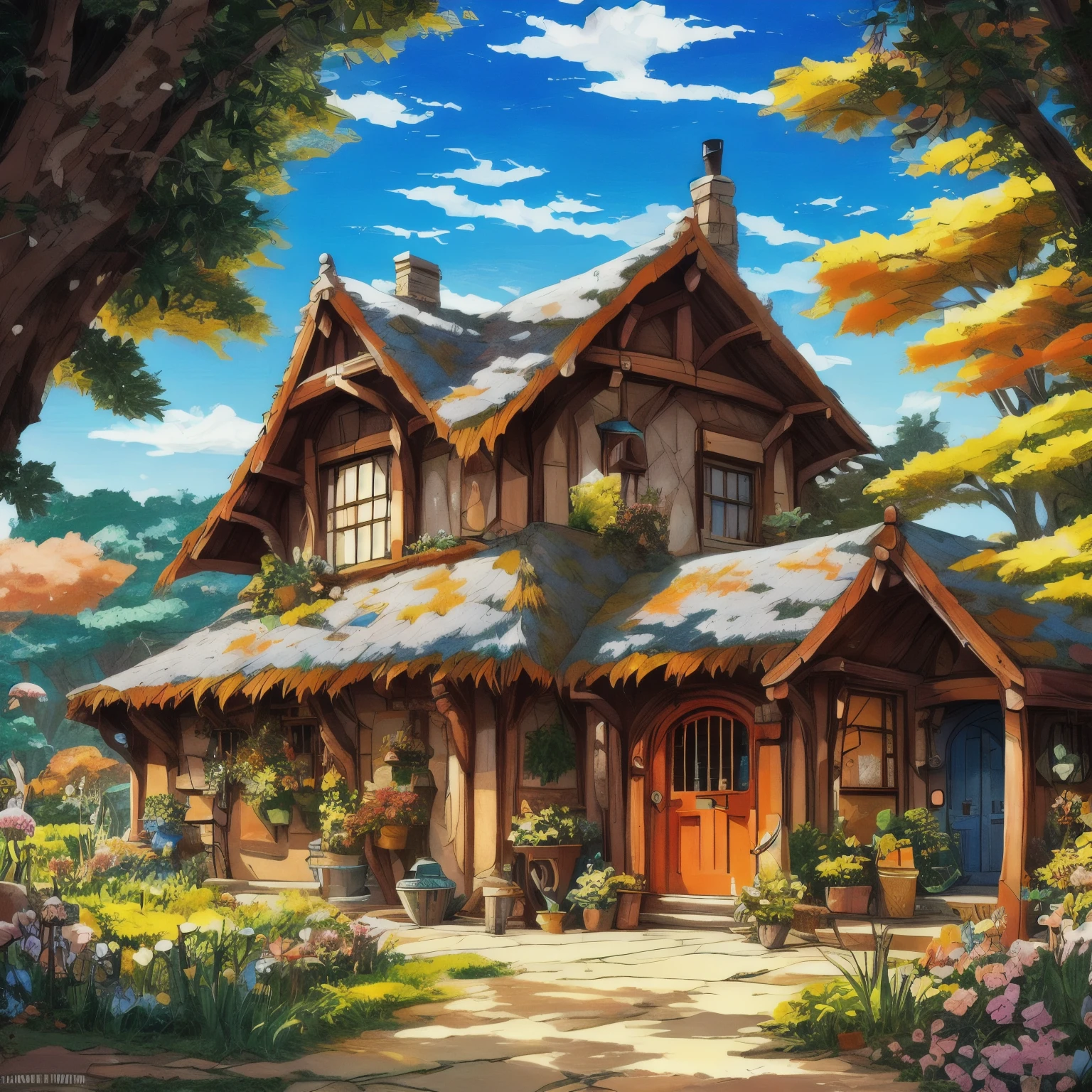 linda casa de hobbit na colina, Estilo Laurie Griesley, Studio Ghibli, James Girard, Impacto Genshin, Trending Pixiv Fan Box, acrylic palette knife, 4K, cores vibrantes, Devinart, Trends at Art Station  