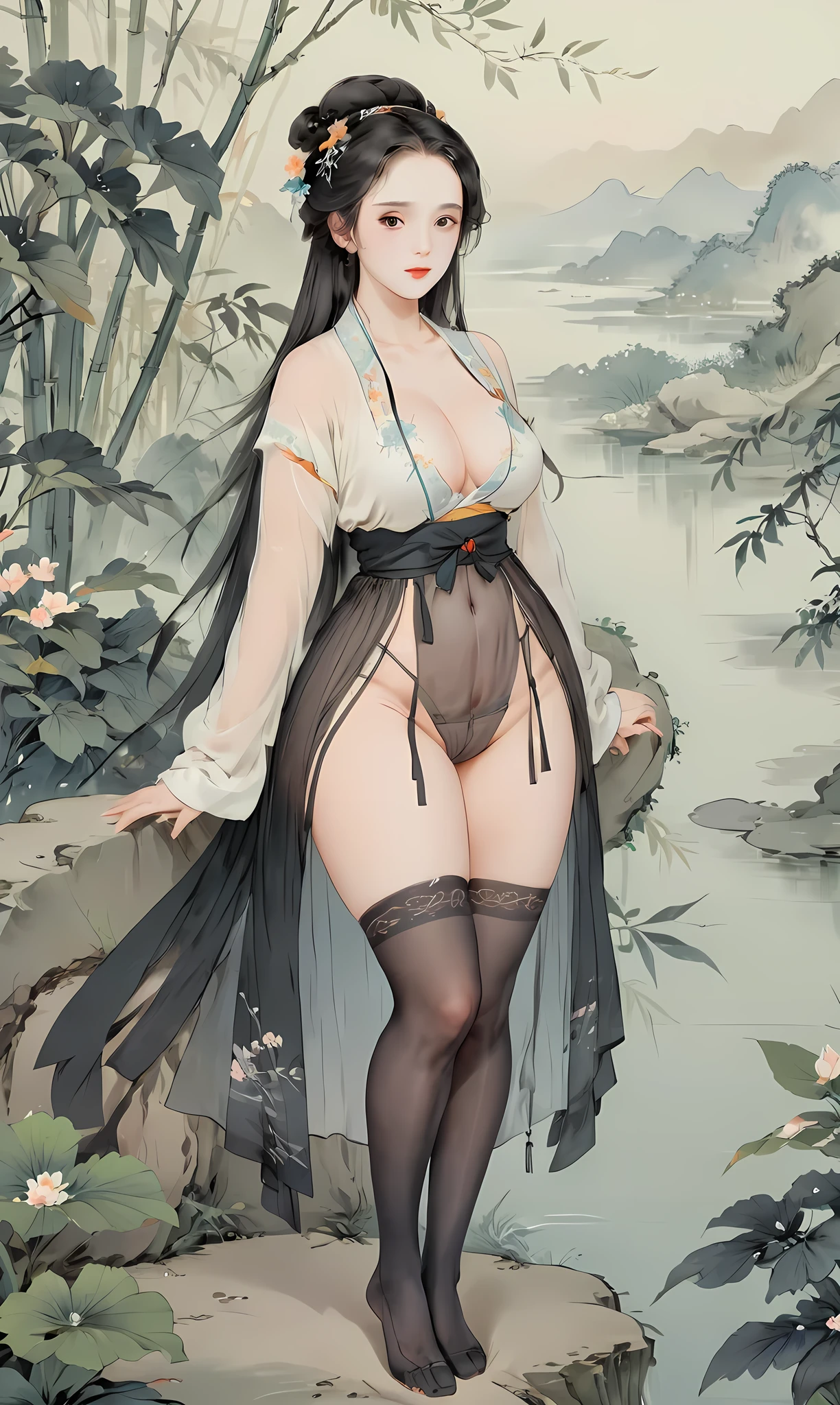 8k, masterpiece, best quality, two-dimensional, (Chinese traditional ink painting:0.2) 1 30-years-old woman, long hair, (perfect hands:1.4), Wearing seethrough thin hanfu miniskirt, seethrough black stockings, The black stockings on the legs are exposed, (huge ass, big thick thighs:2.3), River in the background,koyama,bamboos, flowers on the background,