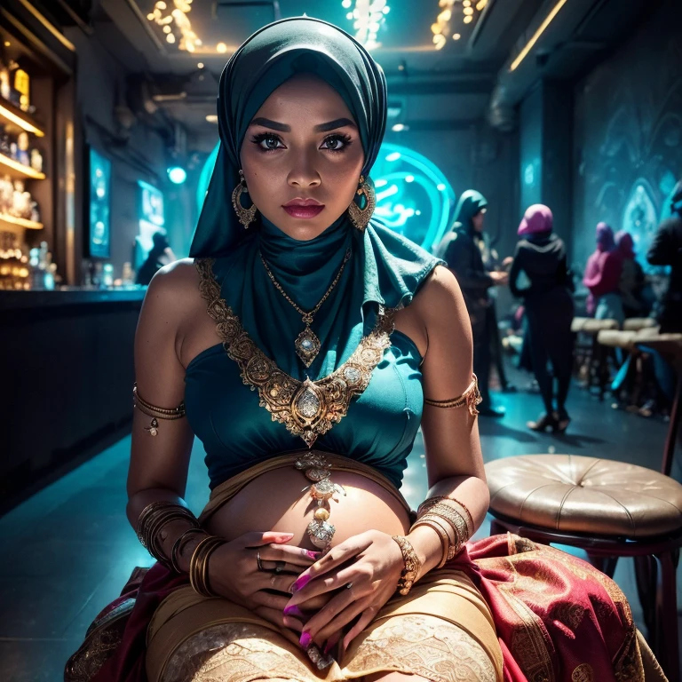 (((Background: masterpiece, high detailed, high quality, empty modern club scene, bar, neon lights))) Two:2 Malaysian girl pregnant 9 month ,malay, The whole body consists of a young girl with hijab, Eye makeup, 55 year old model, Cat ears, Soft lighting, Solo, Wear shabby clothes, Dirty, Tattered futuristic military uniform, Cat's paw badge, Pose, spot color, rendering by octane, Ultra-realistic intricate details, Cinematic, 8K resolution, 70mm, emphasis lightings, (((2 girls:1.5, pregnant Gorgeous artsy women holding teddy bear sitting down in chairs))) Setting background: Basquiat graffiti wall background,Graffiti artist, urban walls, spray paint cans, bold colors, rebellious strokes, street gallery, artistic , night shadows, public expression, aerosol mastery, layered stencils, cultural messages, graffiti tags, creative risks, vibrant visuals, underground recognition, impactful designs, urban transformation. Art by Mschiffer, (((Woman with hijab style, hijab with sexy dress)), (lace stockings), (((Wearing: diamond necklace and earrings))). RAW photo, full sharp, detailed face (high detailed skin:1.2), 8k uhd, dslr, soft lighting, high quality, film grain, Fujifilm XT3, (extremely beautiful face, sexy lips, beautiful red lips, Clear eyes, beautiful eyes), (big green eyes), pretty girl, face forward, intricate detail face, ((ultra detailed skin)) (skin texture, film grain), Detailed beautiful face, natural tpose, natural facial expression, (((Straight breasts))), Surreal full-body figure, Beautiful and delicate body and face, gorgeous figure, ssmile, Titillating，Surreal full-body figure，Beautiful and detailed body and face, Super vista, White skin of the, vivd colour,🔥8k, masterpiece, RAW photo, best quality, (18k detail:1.2), photorealistic, extremely, deep shadow, earrings, bracelets, necklace,