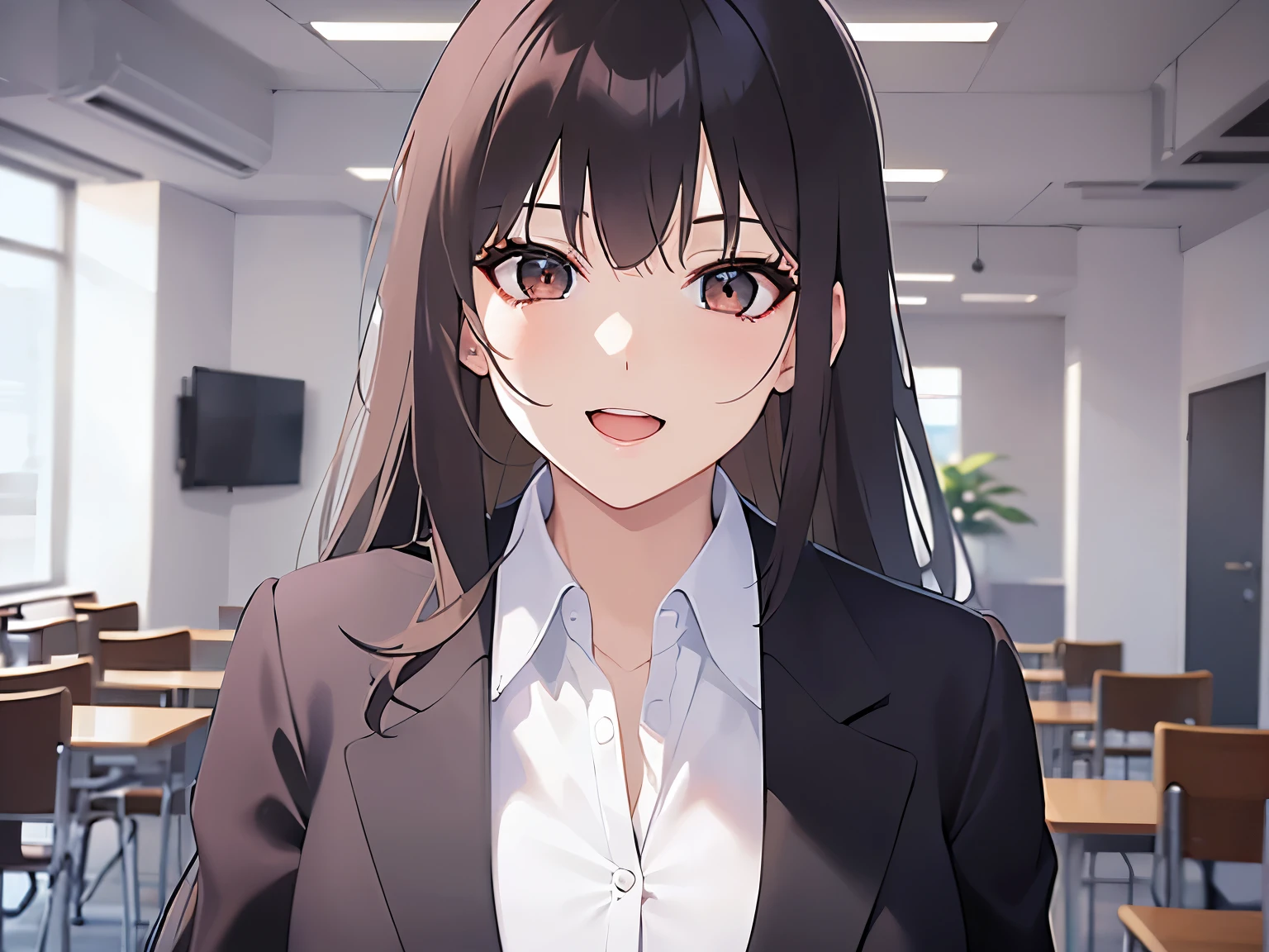 Upper Body, Realistic, real person, (pale skin: 1.2), RAW photo, photorealistic, portrait photography, shiny skin, shiny hair、(A 25-year-old woman with medium-length hair and bangs) and (wavy hair) and (brown hair) and (orange eyes) , (Gray business suit:1.5) and (White shirt) 、smile, open mouth, The background is an office conference room、Alone、Are standing
