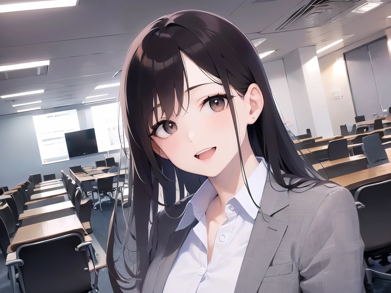Upper Body, Realistic, real person, (pale skin: 1.2), RAW photo, photorealistic, portrait photography, shiny skin, shiny hair、(A 25-year-old woman with medium-length hair and bangs) and (wavy hair) and (brown hair) and (orange eyes) , (Gray business suit:1.5) and (White shirt) 、smile, open mouth, The background is an office conference room、Alone、Are standing