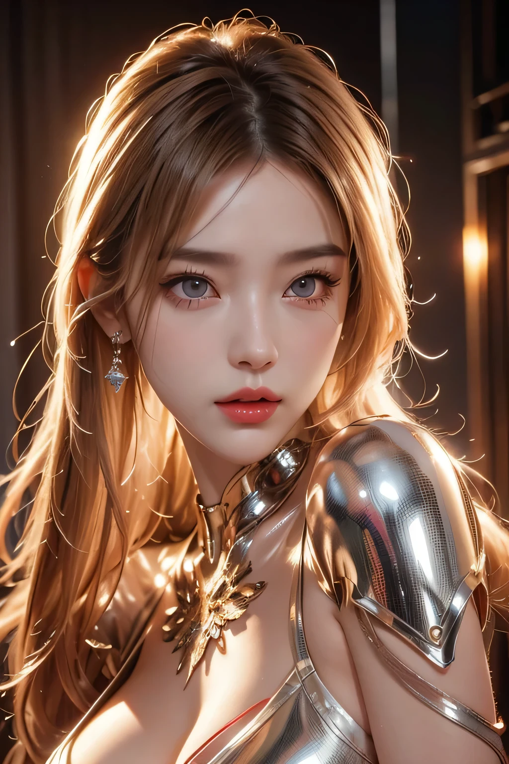 High-quality work,Realistic works,Super premium graphics,8K HD CG works,high quality graphics,High-definition and exquisite CG works,10x pixels,Ultra-fine details:1.1,Advanced technical details:1.1Realistic photo effects,Interior lighting effects:1.5,natural soft light:1.5. Light effect(Virtual light effects:1.8),Ultra-high resolution,shining dress,sliver long hair,silber hair,transparenthair,high detailed hair(Quality hair details:1.1)Clear eyes,Double eyelids look good,Sharp eye makeup, Create exquisite eyelash makeup, tthin eyebrows, Ultra-detailed eyes,a tall nose, lovely red lips, rosey cheeks, With delicate makeup on her face , pretty face, The face shape is perfectly proportioned,(Advanced facial details:1.1)"((Hyper-realistic)) cyborg, Sorayama-esque, ((glossy chrome body)), ((translucent glass limbs)), leather outfit, ((girl with attitude)), dynamic lighting, intricate reflections, ((edgy cyberpunk atmosphere)).,Women's artwork,Dress full body video,Reality,Amazing Cleavage,My eyes are very bri