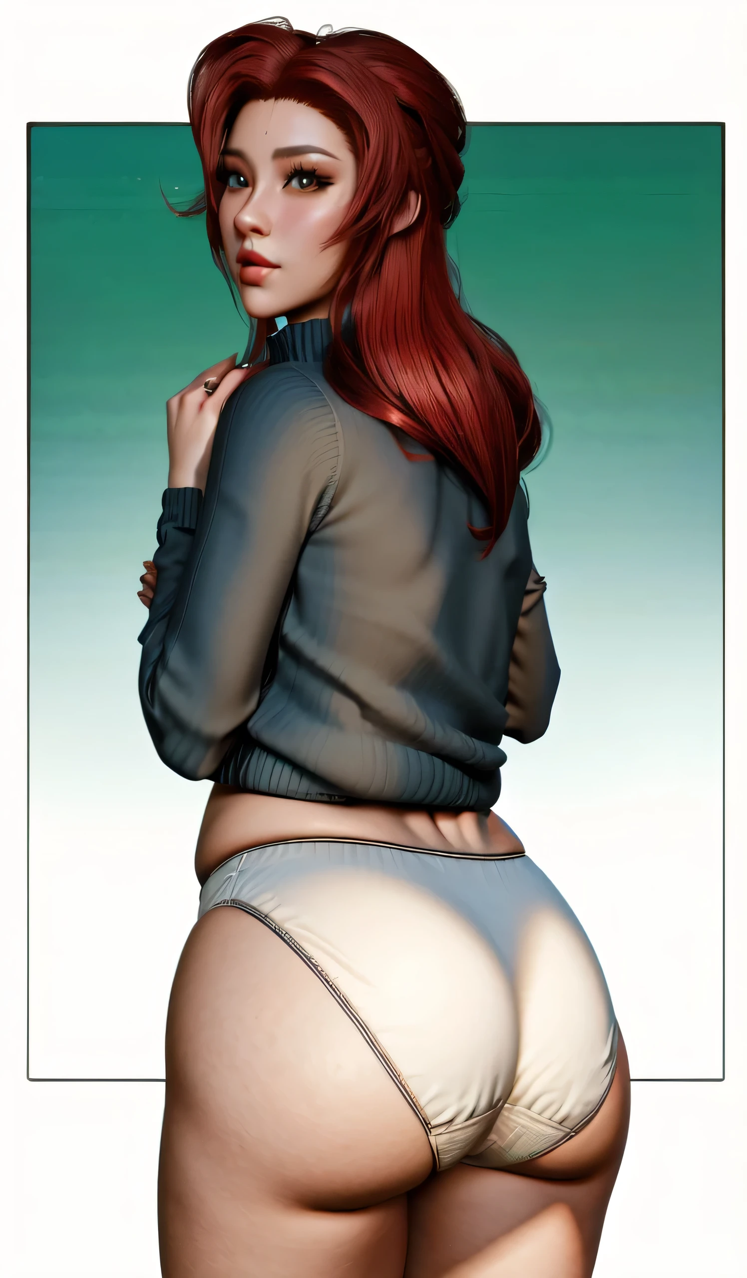 ((masterpiece, best quality)), ((((perfect anatomy)))), (((Curvy))), ((Latina with long red hair)), in ((white cotton high cut panties)), ((beige sweater)), ((wide hips)), (standing in front of a gradient screen), smirking, (((photo realistic 3D game model)))