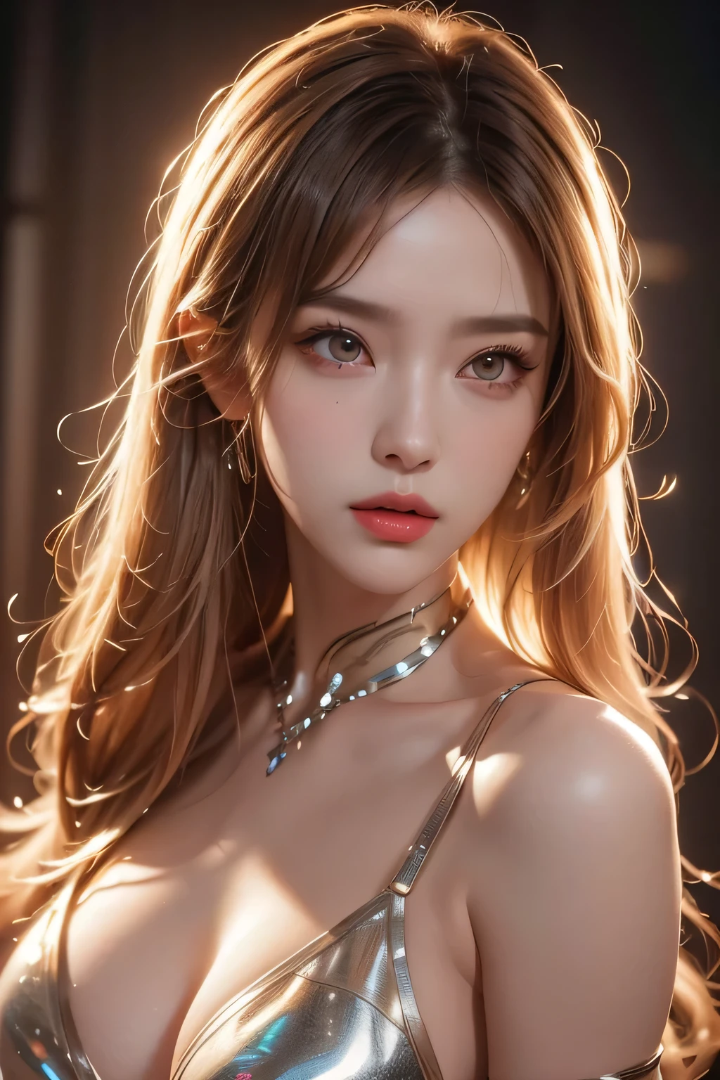High-quality work，Realistic works，Super premium graphics，8K HD CG works，high quality graphics，High-definition and exquisite CG works，10x pixels，Ultra-fine details：1.1，Advanced technical details：1.1Realistic photo effects，Interior lighting effects：1.5，natural soft light：1.5. Light effect（Virtual light effects：1.8），Ultra-high resolution，shining dress，sliver long hair，silber hair，transparenthair，high detailed hair（Quality hair details：1.1）Clear eyes，Double eyelids look good，Sharp eye makeup, Create exquisite eyelash makeup, tthin eyebrows, Ultra-detailed eyes，a tall nose, lovely red lips, rosey cheeks, With delicate makeup on her face , pretty face, The face shape is perfectly proportioned,（Advanced facial details：1.1）"((Hyper-realistic)) cyborg, Sorayama-esque, ((glossy chrome body)), ((translucent glass limbs)), leather outfit, ((girl with attitude)), dynamic lighting, intricate reflections, ((edgy cyberpunk atmosphere)).，Women's artwork，Dress full body video，Reality，Amazing Cleavage，My eyes are very bri

