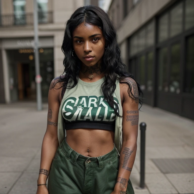 Dark brown skinned girl with tattoos on her arms. She has wavy black hair and green eyes..Elle est habillé de style streetwear. 