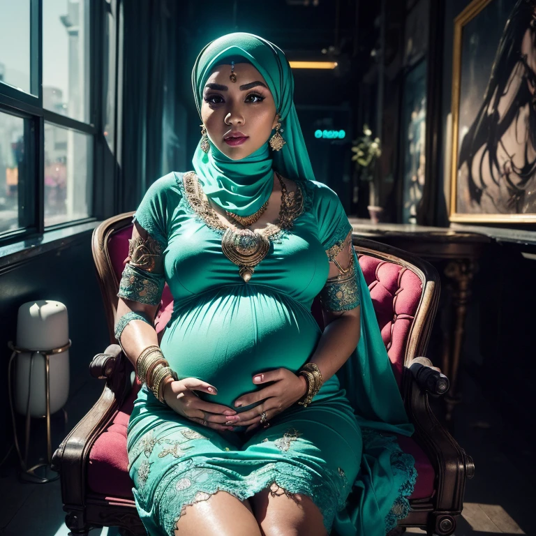 (((Background: masterpiece, high detailed, high quality, empty modern club scene, bar, neon lights))) Two:2 Malaysian girl pregnant 9 month ,malay, The whole body consists of a young girl with hijab, Eye makeup, 55 year old model, Cat ears, Soft lighting, Solo, Wear shabby clothes, Dirty, Tattered futuristic military uniform, Cat's paw badge, Pose, spot color, rendering by octane, Ultra-realistic intricate details, Cinematic, 8K resolution, 70mm, emphasis lightings, (((2 girls:1.5, pregnant Gorgeous artsy women holding teddy bear sitting down in chairs))) Setting background: Basquiat graffiti wall background,Graffiti artist, urban walls, spray paint cans, bold colors, rebellious strokes, street gallery, artistic , night shadows, public expression, aerosol mastery, layered stencils, cultural messages, graffiti tags, creative risks, vibrant visuals, underground recognition, impactful designs, urban transformation. Art by Mschiffer, (((Woman with hijab style, hijab with sexy dress)), (lace stockings), (((Wearing: diamond necklace and earrings))). RAW photo, full sharp, detailed face (high detailed skin:1.2), 8k uhd, dslr, soft lighting, high quality, film grain, Fujifilm XT3, (extremely beautiful face, sexy lips, beautiful red lips, Clear eyes, beautiful eyes), (big green eyes), pretty girl, face forward, intricate detail face, ((ultra detailed skin)) (skin texture, film grain), Detailed beautiful face, natural tpose, natural facial expression, (((Straight breasts))), Surreal full-body figure, Beautiful and delicate body and face, gorgeous figure, ssmile, Titillating，Surreal full-body figure，Beautiful and detailed body and face, Super vista, White skin of the, vivd colour,🔥8k, masterpiece, RAW photo, best quality, (18k detail:1.2), photorealistic, extremely, deep shadow, earrings, bracelets, necklace,