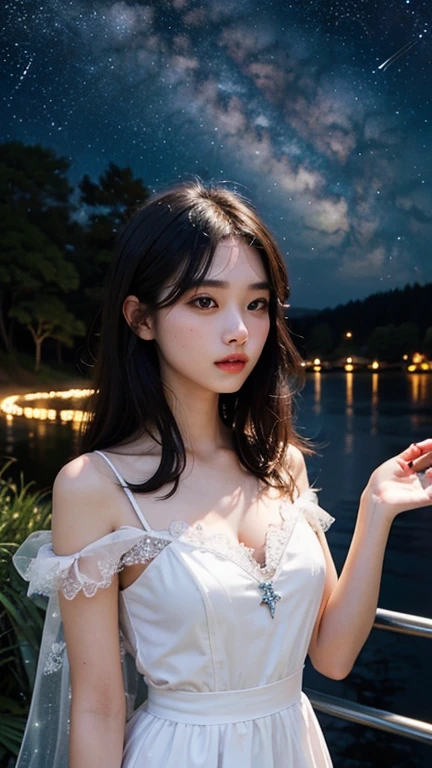 Create a gorgeous girl in a stunning scene of starry night full of fireflies, she is like an angel,