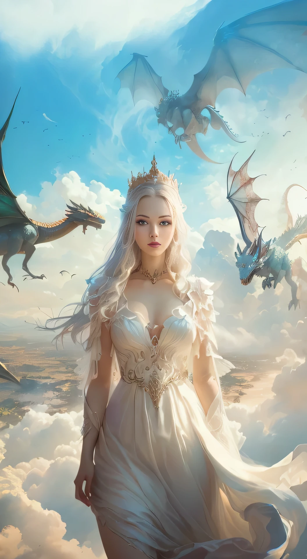 A woman wearing a dress stands in the midst of clouds, accompanied by a majestic dragon. The dragon is depicted as the queen of dragons, radiating power and elegance. The artwork portrays a beautiful, dream-like fantasy scene. The dragon queen, with her intricate details and stunning presence, creates an atmosphere of awe and wonder. The artwork follows a realistic fantasy illustration style, with the aim of capturing the viewers' imagination. The digital artwork is of the highest quality, showcasing every minute detail in ultra-high resolution. The colors are vivid and vibrant, giving the artwork a lifelike and immersive feel. The lighting in the scene is carefully crafted, with a focus on dramatic highlights and shadows, enhancing the overall atmosphere of the artwork.Cartoon Style,q version,